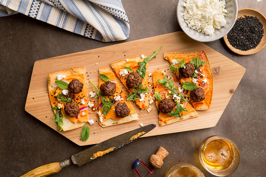 Spicy Lamb Meatball Flatbreads with Sweet Potato Puree